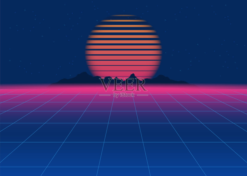 80年代复古科幻背景。复古未来的背景,合成复古波正版插画素材