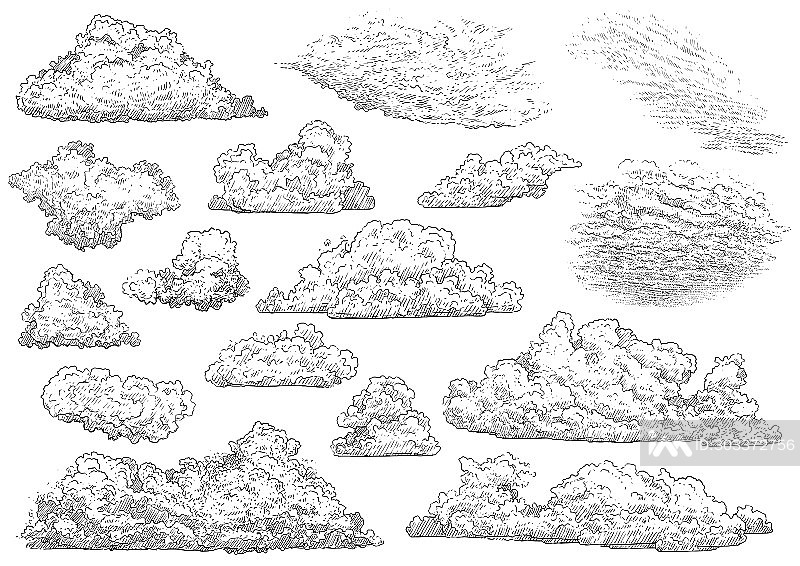 云插画、素描、雕刻、墨水、线条艺术、矢量图插画图片素材