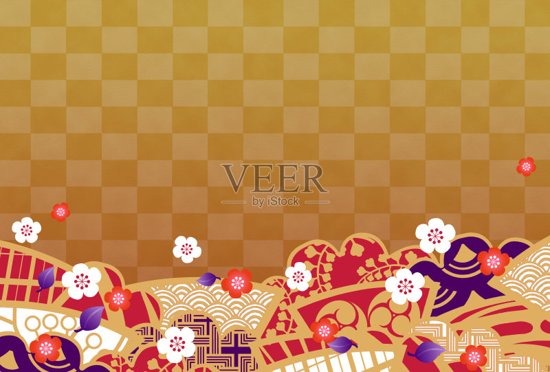 新年形象日本图案扇子,金色背景正版模板素材