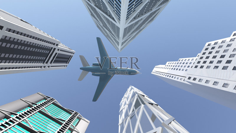 客机飞越摩天大楼正版插画素材