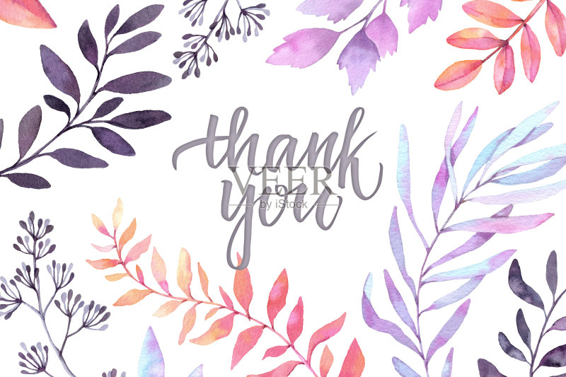 手绘水彩插图。秋天植物剪纸艺术。谢谢你的卡片,紫色的叶子,草药和树枝。花的设计元素。完美的婚礼邀请函,贺卡,打印正版插画素材