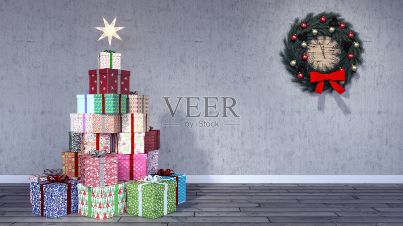 空房间与圣诞装饰和礼物3d渲染正版插画素材