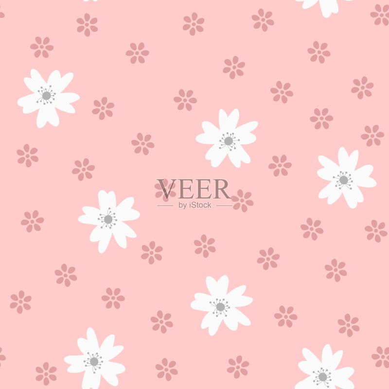 可爱的无缝图案与花。手工绘制。粉红色,白色,灰色,紫色。正版插画素材