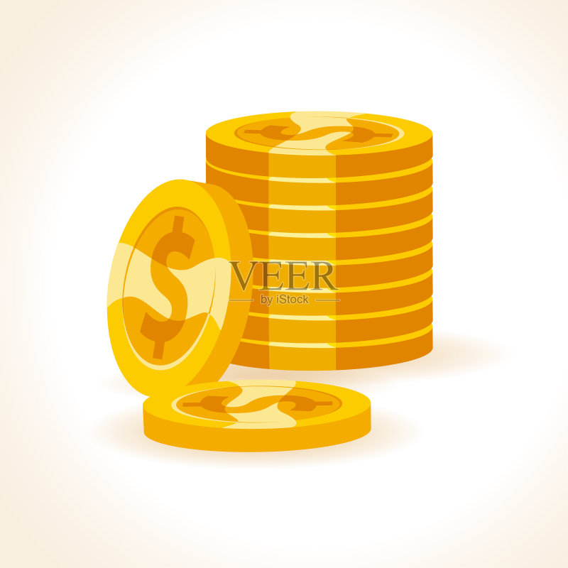 一套平面矢量金币孤立在白色背景。正版插画素材
