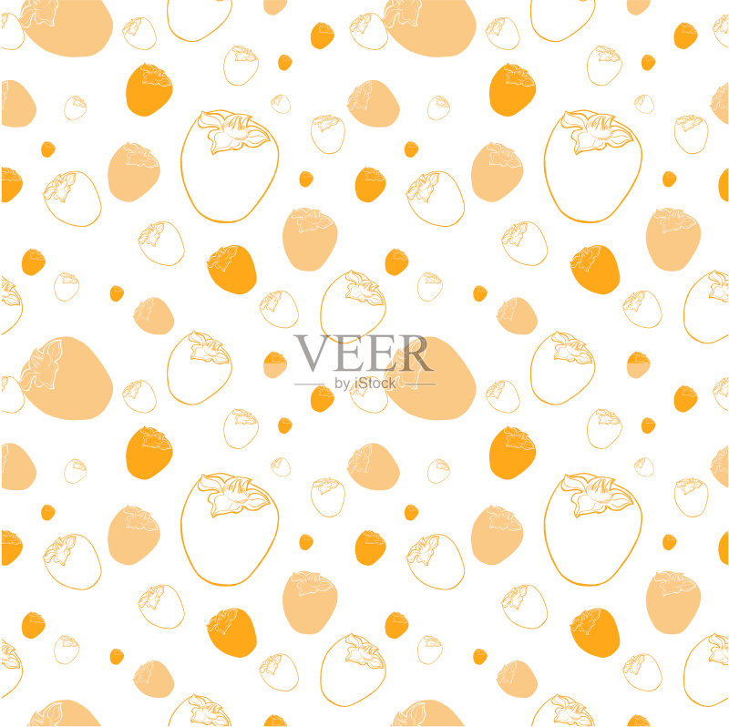 柿子矢量无缝图案与彩色孤立图标,手绘热带奇异的橘子水果,菜单模板,饮食信息图,贴纸,传单,打印正版插画素材