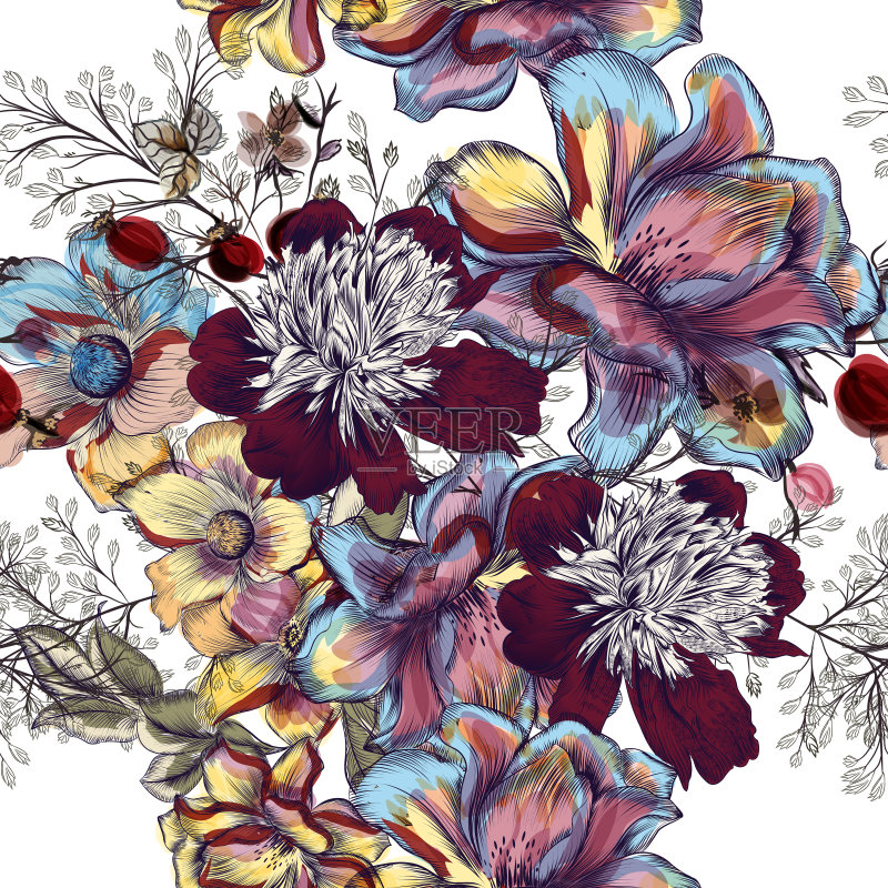 美丽的花卉矢量图案牡丹花,宇宙和田野草。水彩复古风格正版插画素材
