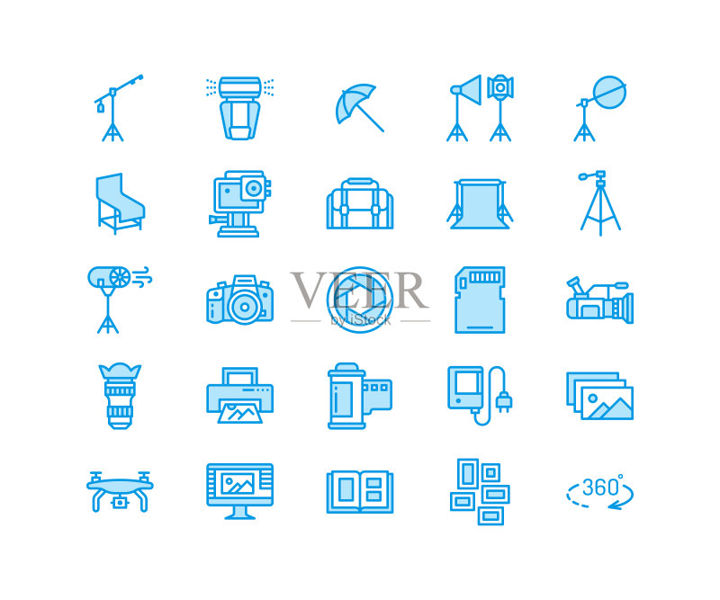 摄影器材扁平化线性图标:数码相机、照片、灯光、摄像配件、存储卡、三脚架镜头胶片,64x64像素图标素材