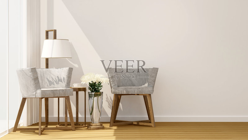 阳光明媚的客厅和阳台,供出租或居住的艺术品房-室内设计- 3D渲染正版插画素材