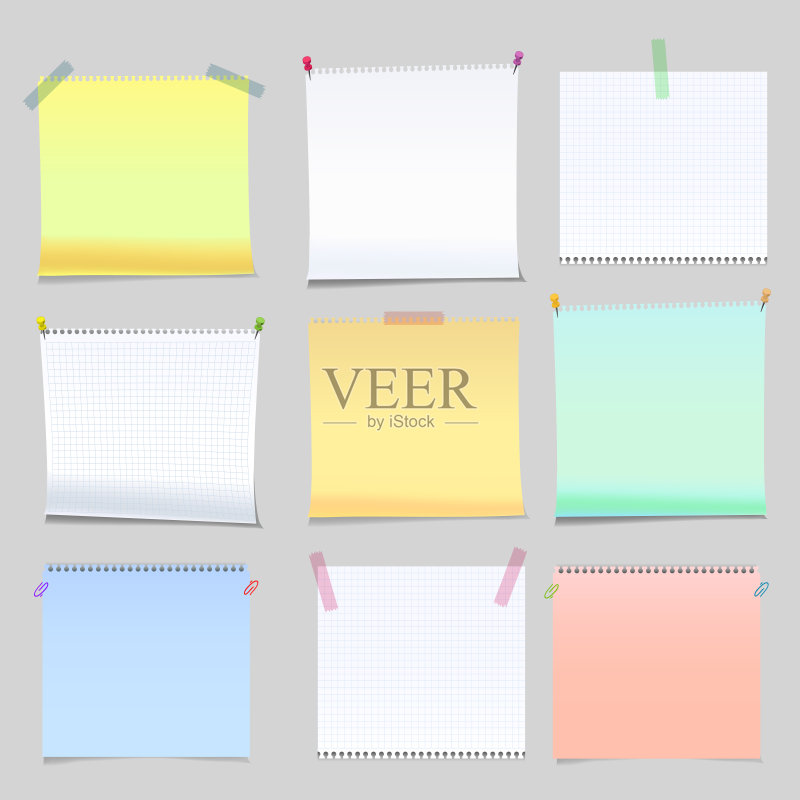 逼真的黄色,绿色和白色备忘录贴纸集。正版插画素材