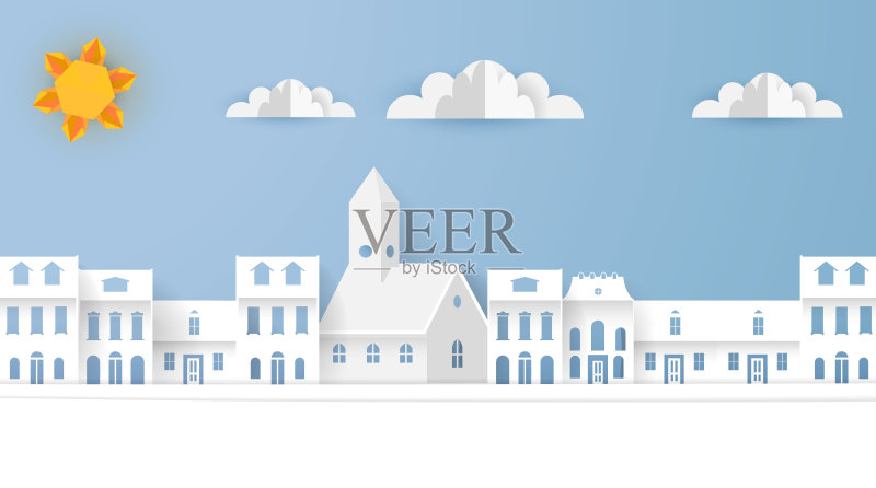 矢量纸艺术景观,城市场景。折纸建筑。正版插画素材