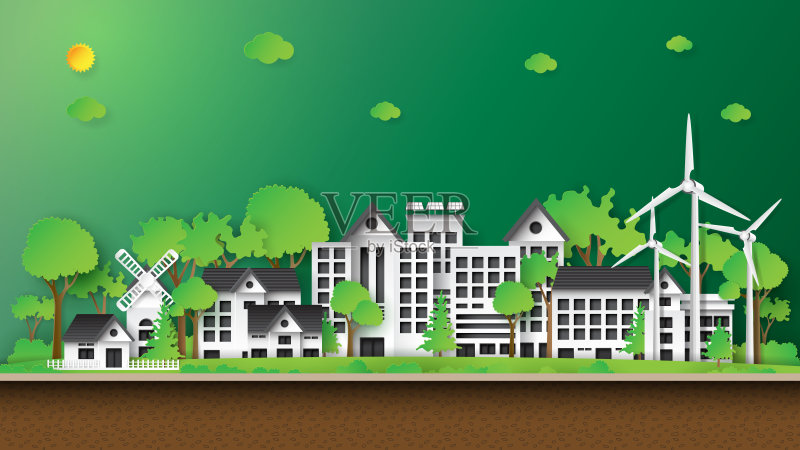 绿色城市纸艺术风格。正版插画素材