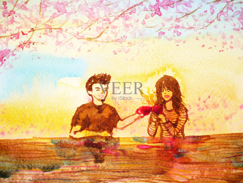 情侣早晨喝咖啡水彩画正版插画素材