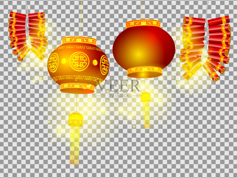 中国灯笼和鞭炮在透明的背景正版插画素材