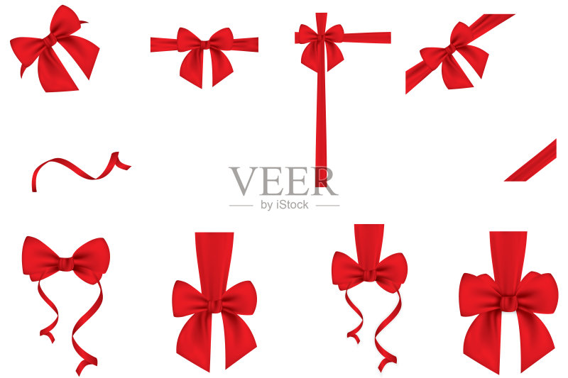真实的红色蝴蝶结和丝带孤立在透明的背景。贺卡、海报或小册子的模板。矢量图正版元素素材