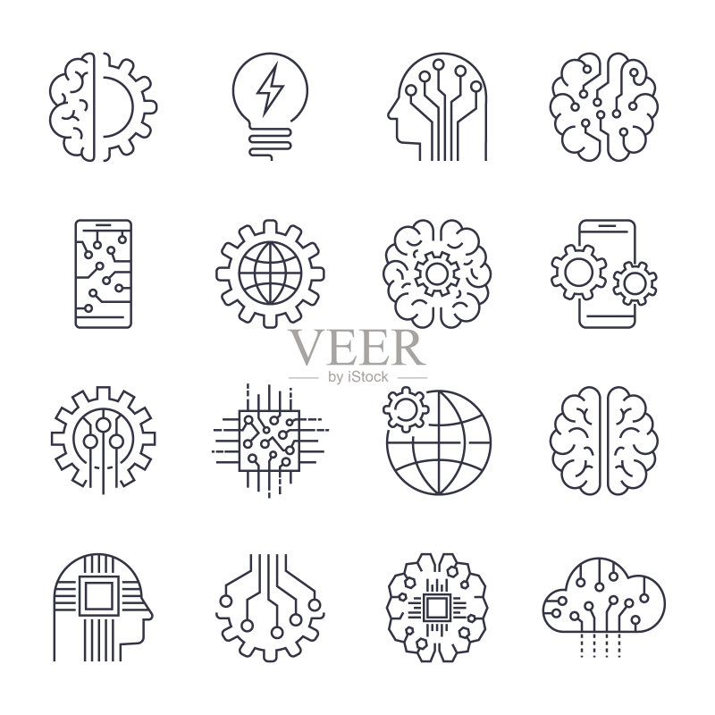 物联网物联网,人工智能AI,互联互通,创新智能网络安全数字信息技术IT矢量图标集。可编辑的中风正版元素素材