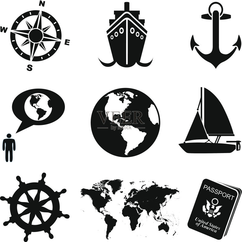 黑白海洋邮轮旅行图标集图标素材