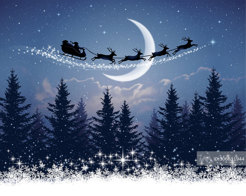 圣诞夜圣诞老人和他的雪橇插画图片素材