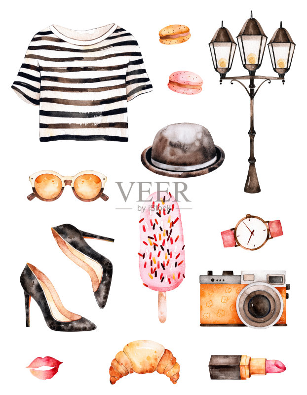手绘纹理条纹上衣,太阳镜,化妆品,鞋子,冰淇淋正版插画素材