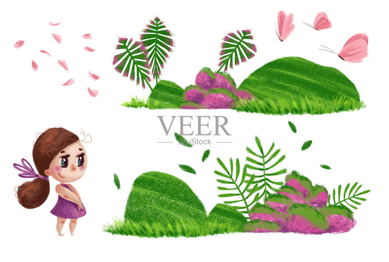 艺术手绘的自然元素和可爱的小女孩与棕色长发和粉红色的连衣裙站在白色的背景孤立。水彩风格的插图。正版插画素材