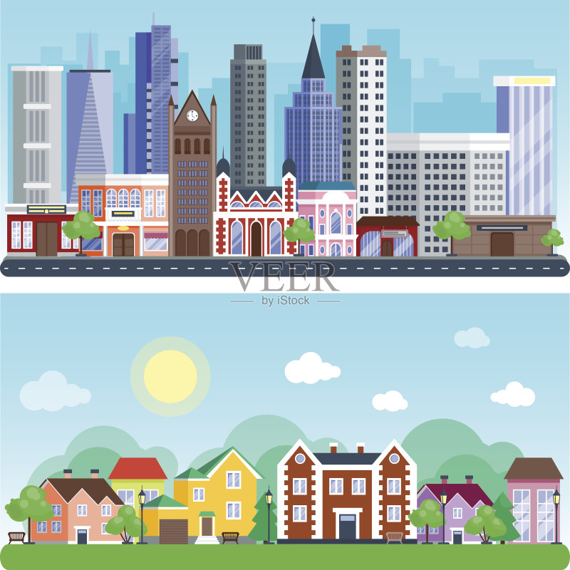 城市户外日景观住宅街道建筑户外设计矢量插画现代平面背景正版插画素材