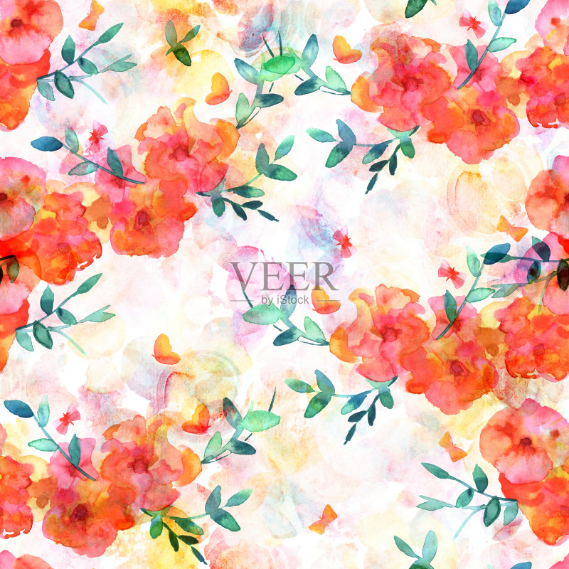 无缝图案,抽象水彩蝴蝶和花朵正版插画素材