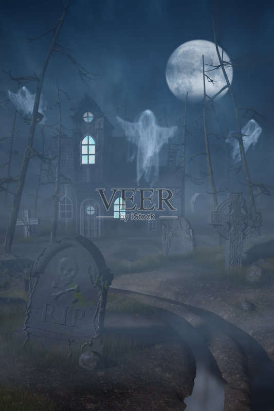 夜晚阴森森的森林里的小屋和墓地正版图片素材