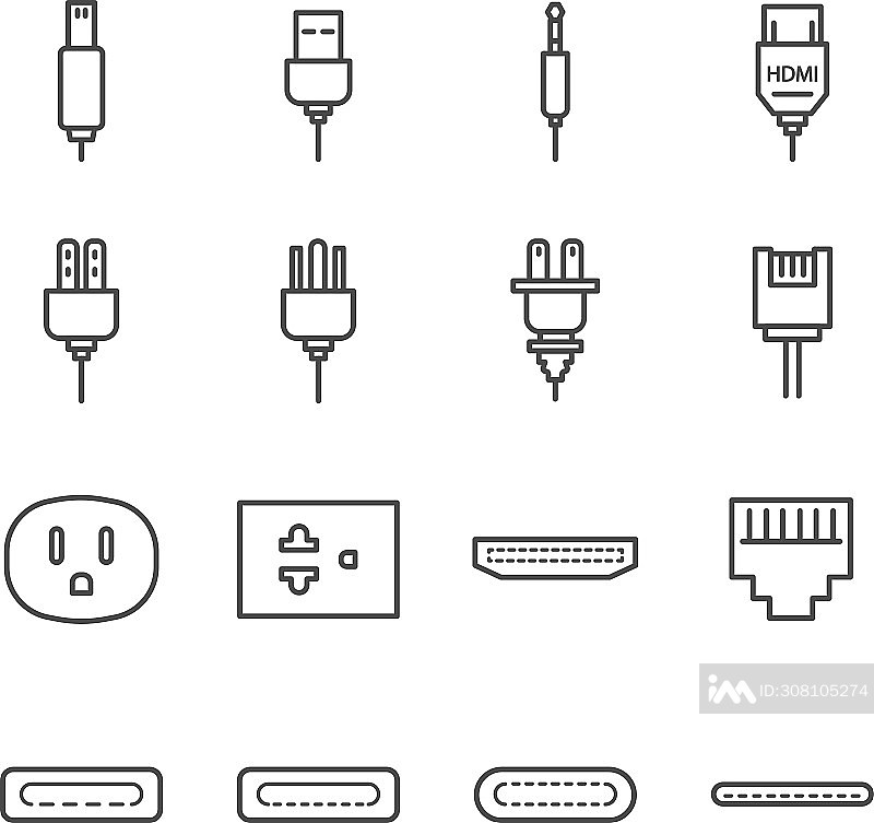 插头和插座线性图标集,包括电源插头、USB、插座、音频插孔等图标图标素材