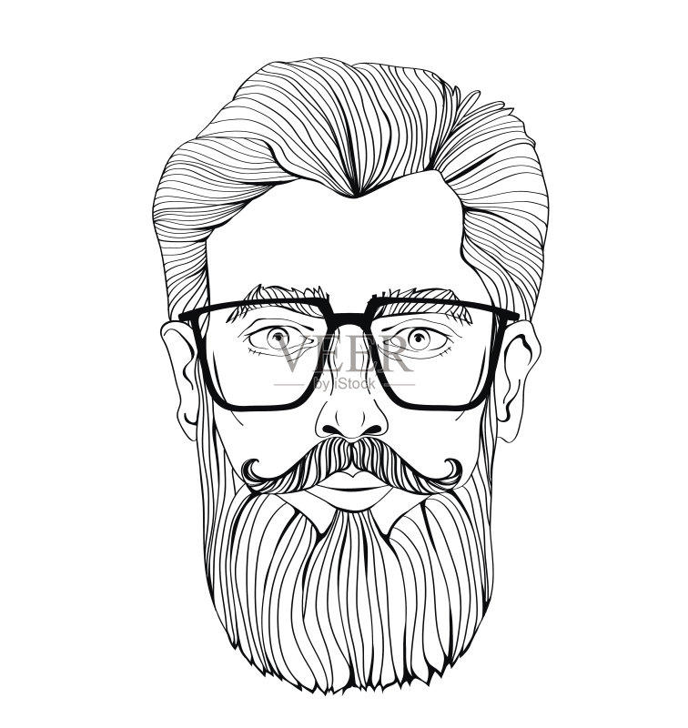 一张戴着眼镜的大胡子男人的脸。矢量肖像插图,孤立在白色背景。正版插画素材