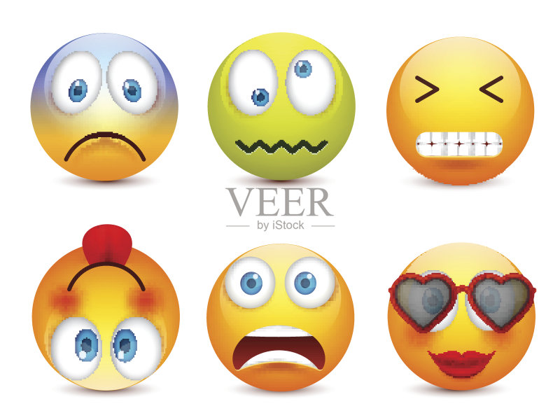 蓝眼睛的笑脸,表情包。黄脸带着情绪。面部表情。3 d现实emoji。伤心,高兴,生气的脸。有趣的卡通人物。情绪。矢量插图图标素材
