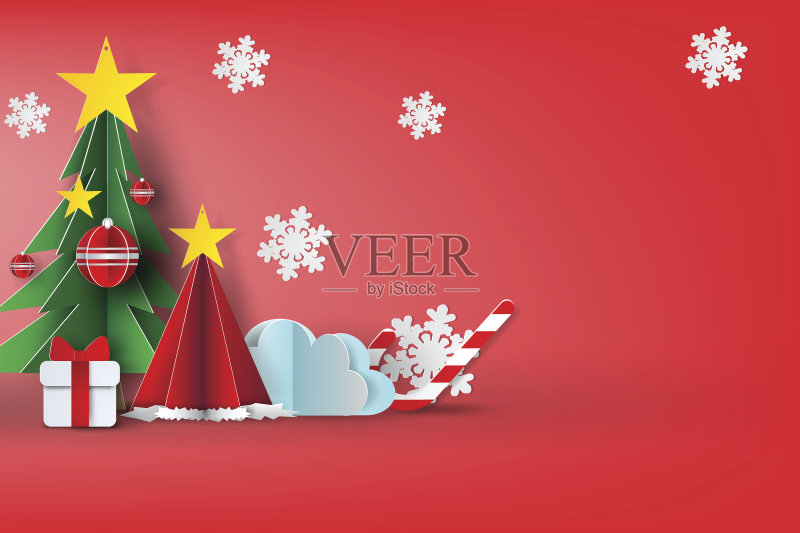 圣诞快乐天空背景的纸艺术。向量,红色,甜,插图设计正版插画素材