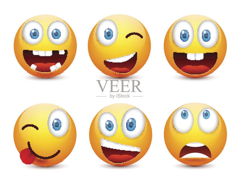 蓝眼睛的笑脸,表情包。黄脸带着情绪。面部表情。3 d现实emoji。伤心,高兴,生气的脸。有趣的卡通人物。情绪。矢量插图图标素材