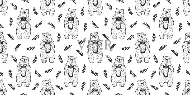 北极熊摄影摄影师摄影离开植物花香草涂鸦无缝图案墙纸背景正版插画素材