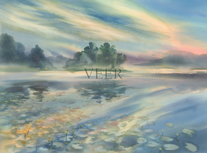 夏日清晨的水彩画景观正版插画素材