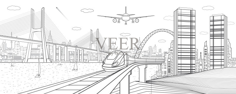 基础设施和运输说明。火车在铁路上行驶。飞机飞行。大型斜拉桥。现代化的夜城,高楼大厦。白色背景上的黑线。矢量设计艺术正版插画素材