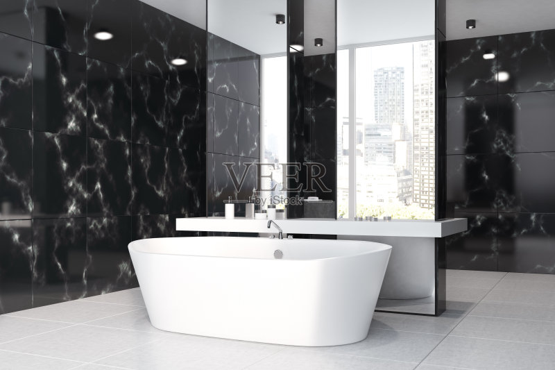 黑色大理石浴室,水槽,浴缸,侧面正版图片素材