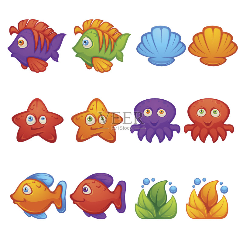 水下世界,鱼,星星,章鱼,泡泡射击,匹配3,矢量物体和方块正版元素素材