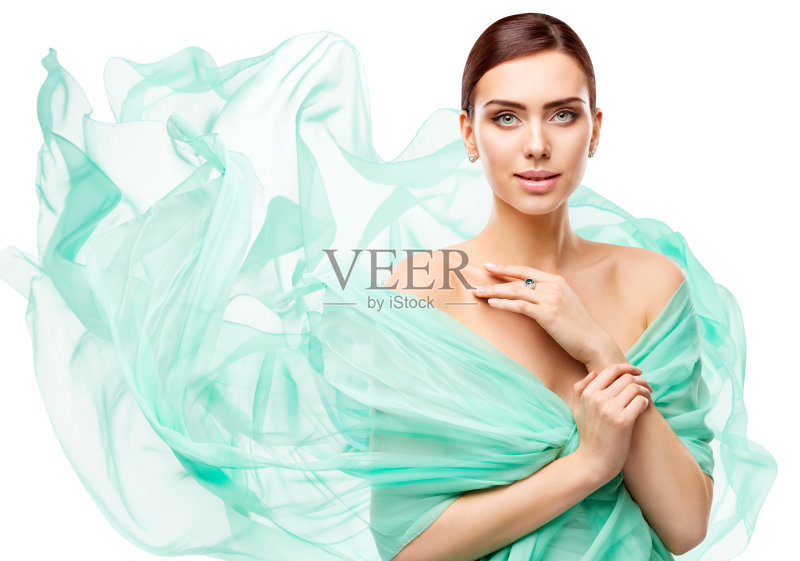 女人美容化妆,时尚模特脸部化妆,美丽的女孩挥舞织物正版图片素材