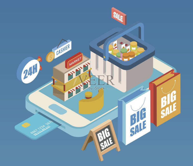 等距移动购物正版插画素材