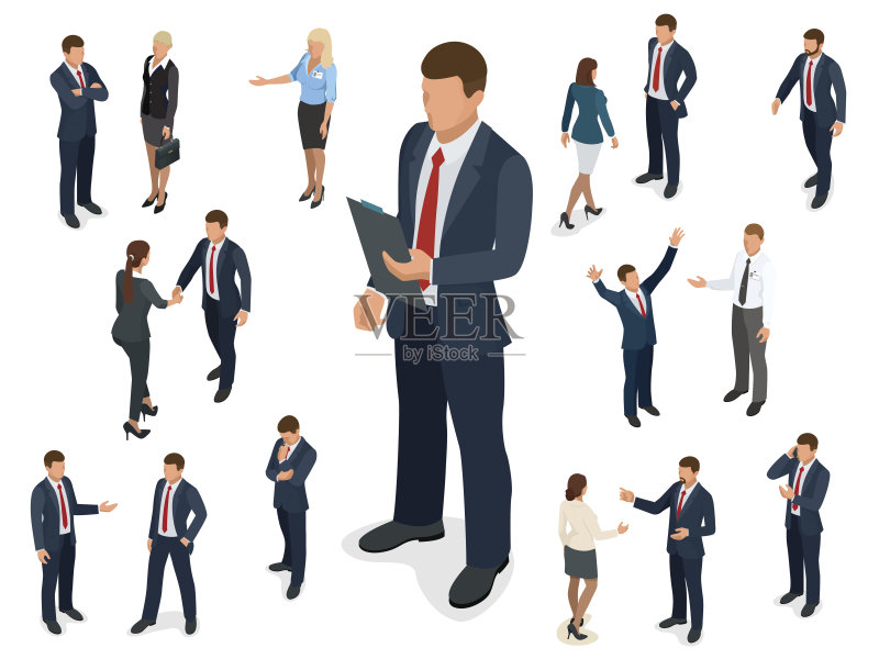 等距套商人和女商人的人物设计。人等距商务人士在不同的姿态孤立。正版元素素材