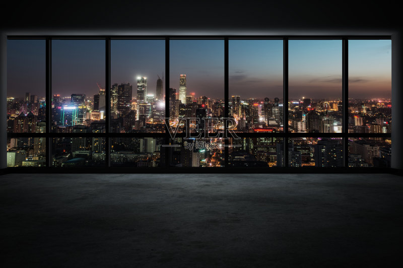 夜晚窗外的城市景观正版图片素材