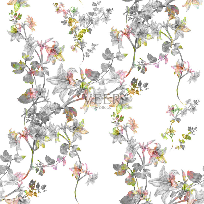 叶和花的水彩画,在白色的背景上无缝的图案正版插画素材
