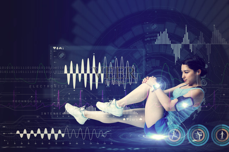 体育科技概念。拉伸女人和各种技术抽象图形。运动科学。正版图片素材