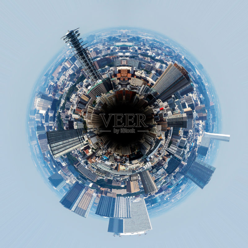 城市天际线的圆形全景,如用鱼眼镜头拍摄正版图片素材