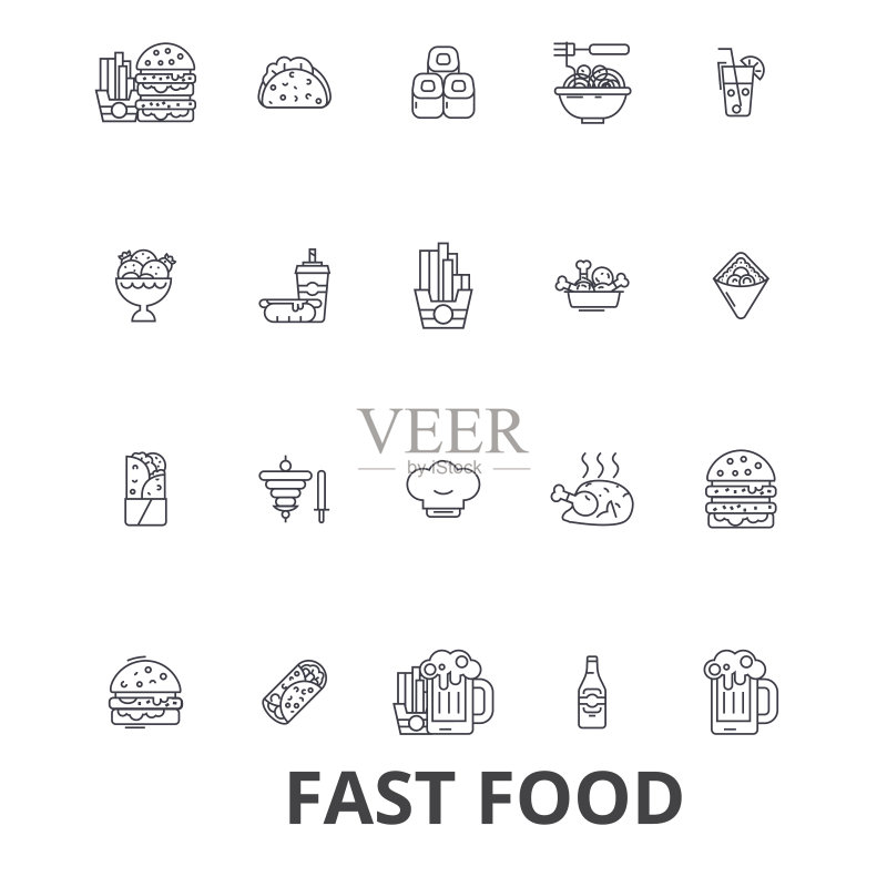 快餐、餐厅、披萨、汉堡、垃圾食品、热狗、炸薯条线性图标。可编辑笔触。扁平风格矢量图概念。线性符号隔离图标素材