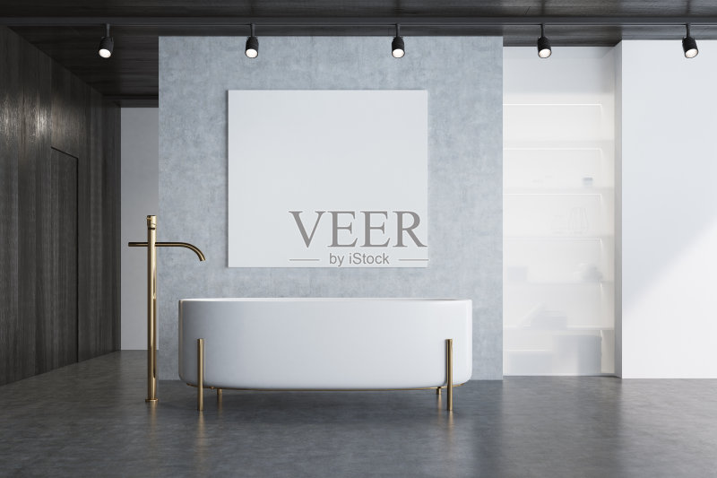 混凝土浴室,浴缸和海报正版图片素材