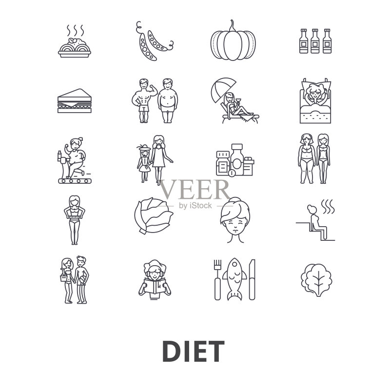 饮食、减肥、食物、健身、营养、健康、纤细、锻炼、脂肪线性图标图标素材