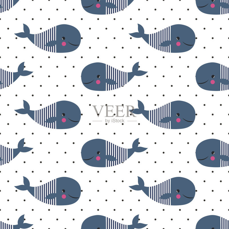 无缝图案与可爱的卡通鲸鱼在圆点的背景。正版元素素材