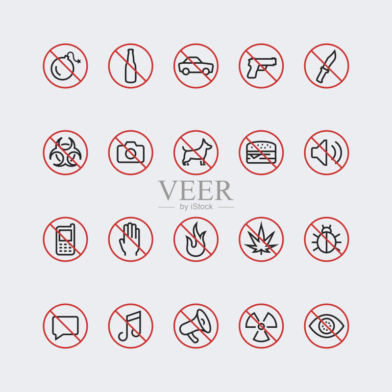 细线风格的禁止标志和图标图标素材