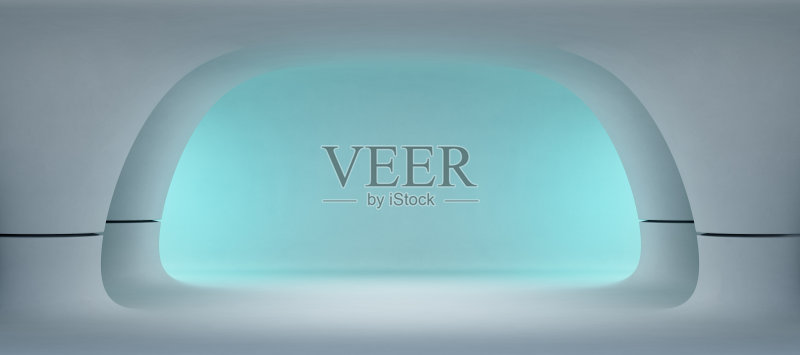 抽象的现代展厅室内设计,白色的地板和光滑的蓝色墙壁背景,未来的建筑或外来的房子正版图片素材