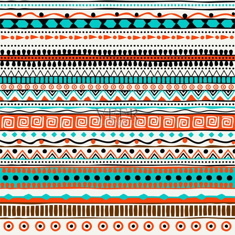 矢量民族无缝模式。手绘部落条纹装饰。设计理念时尚印花,背景,贺卡,节日包装和包装。紫色,绿色和橙色正版插画素材